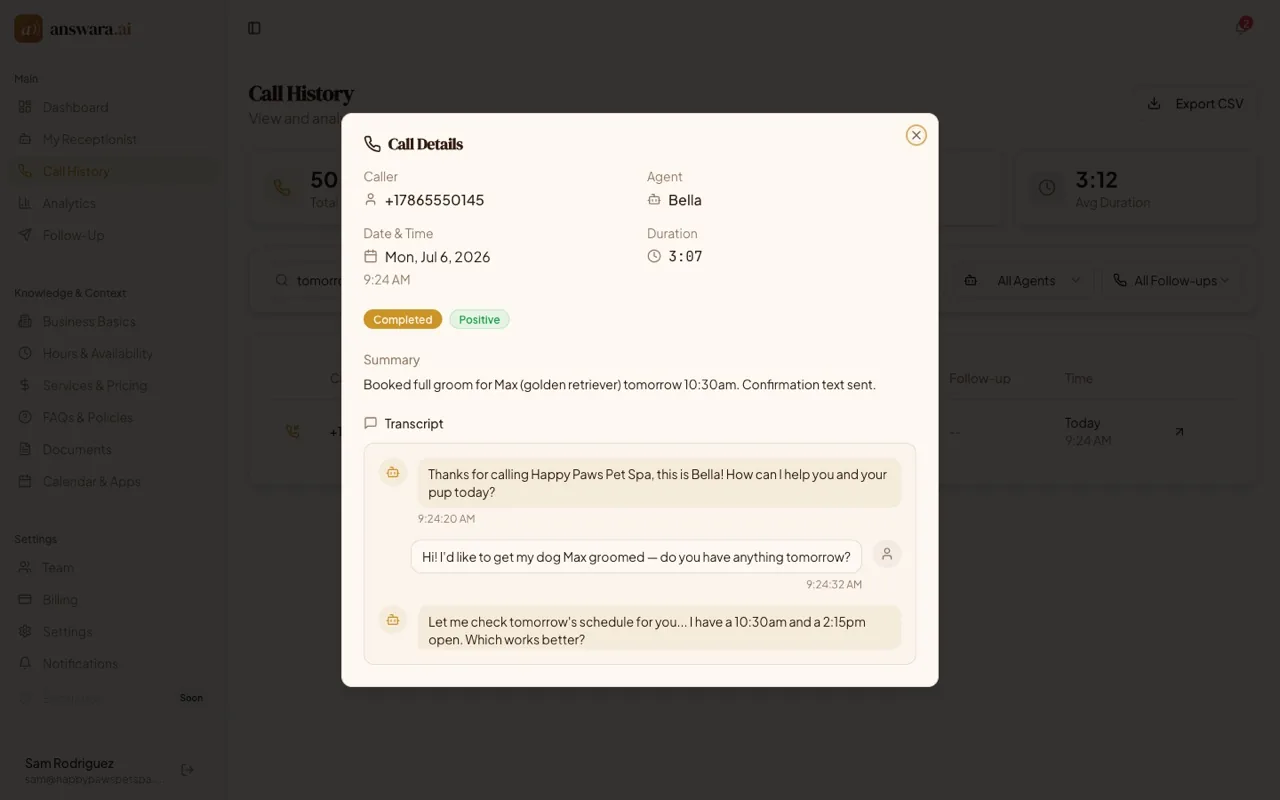 answara dashboard call details showing an AI-written summary and full transcript of a call that booked a grooming appointment