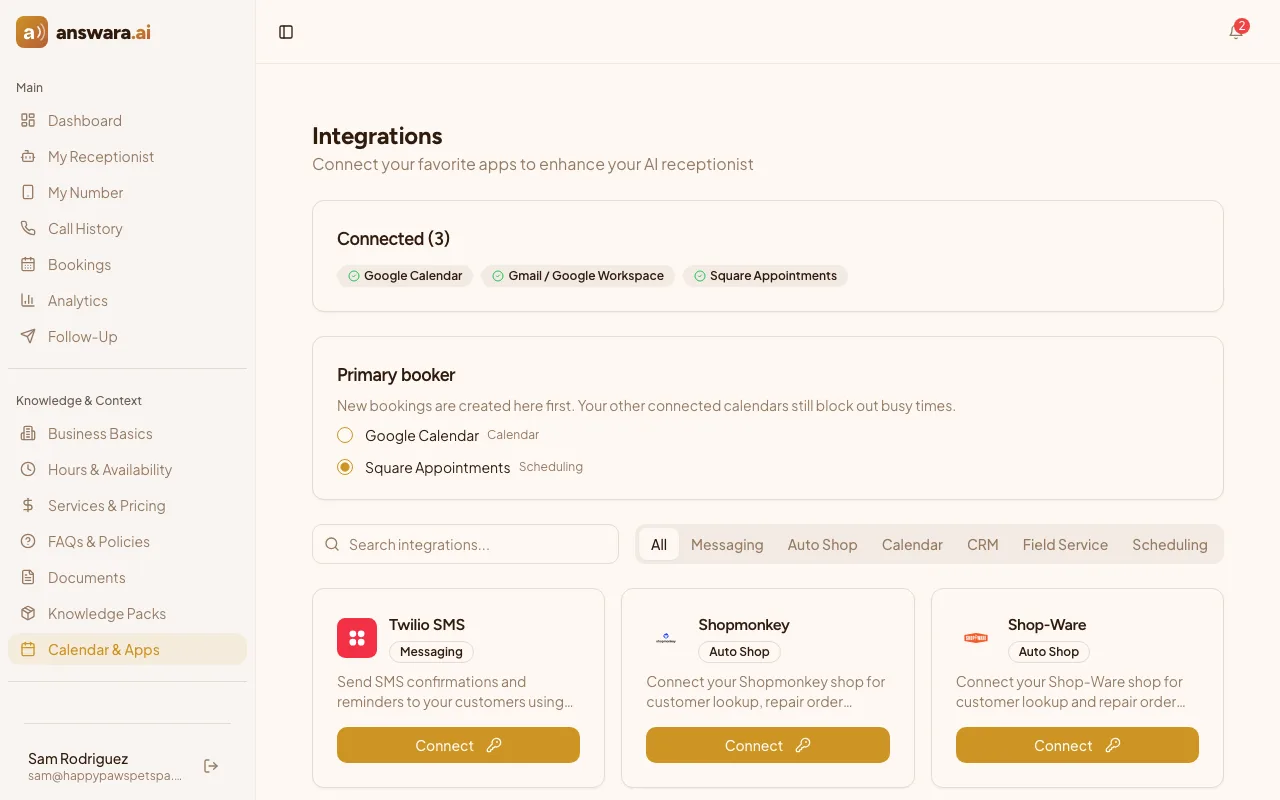 answara Calendar & Apps settings showing Google Calendar, Gmail and Square Appointments already connected, the primary-booker choice between them, and the searchable directory of apps still to connect