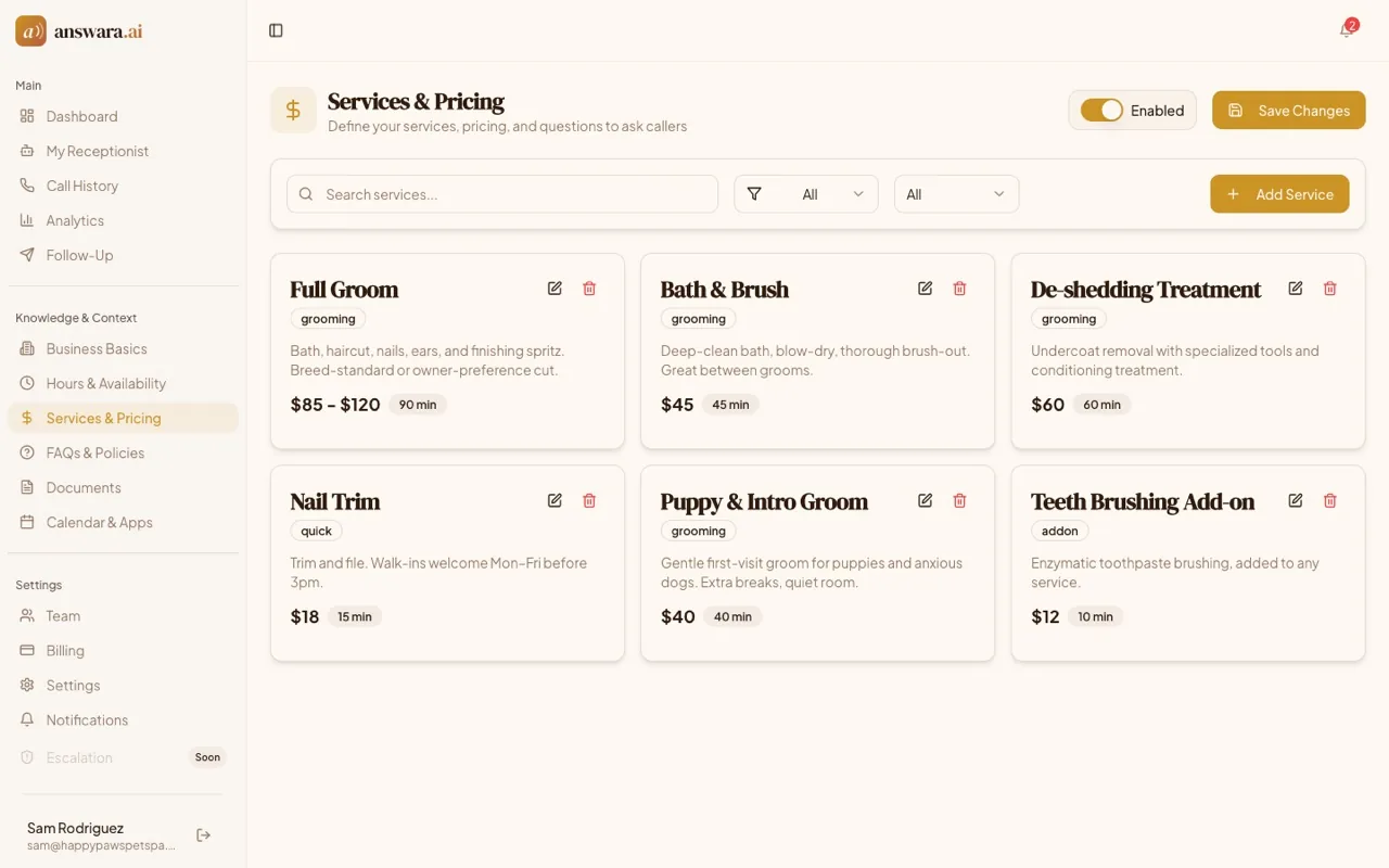 answara services and pricing editor with service cards, prices, and durations the AI uses to answer callers