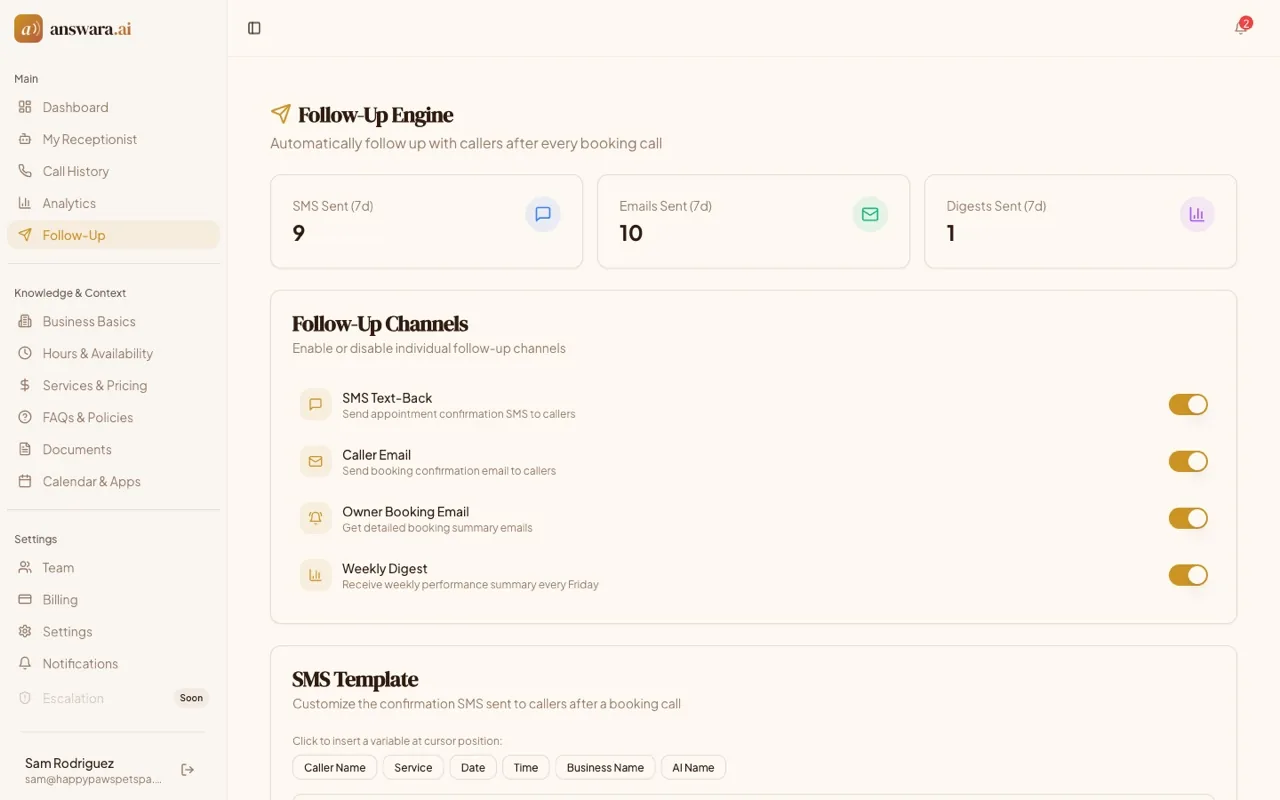 answara follow-up engine settings with SMS, email, and weekly digest channels plus a customizable SMS template