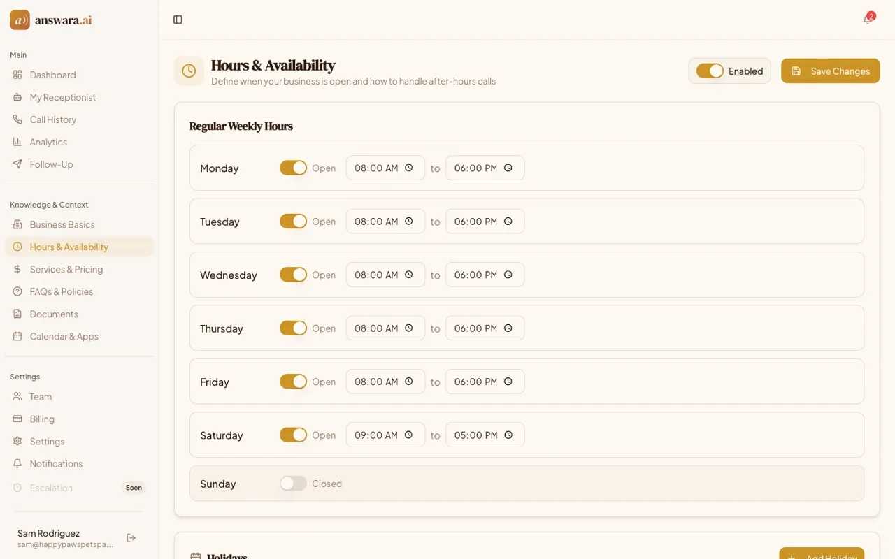 answara hours and availability settings with per-day open hours and after-hours handling that drive what the AI can book
