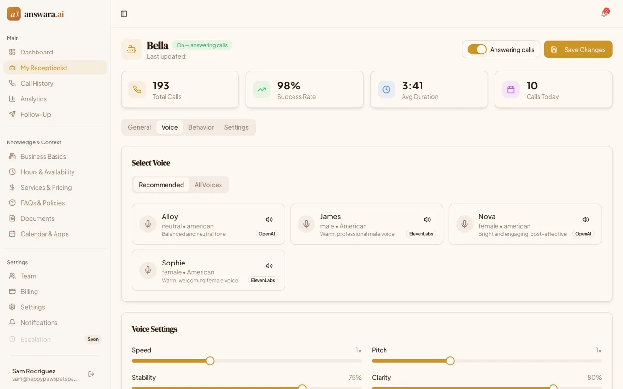 answara voice settings showing the selectable voice list with a preview control for each