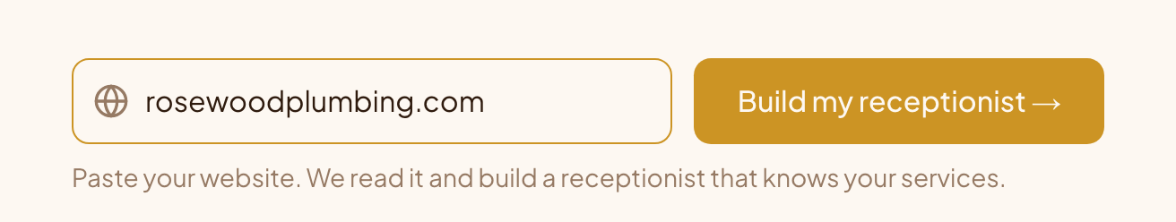 The answara setup field with a business website typed in and a Build my receptionist button beside it